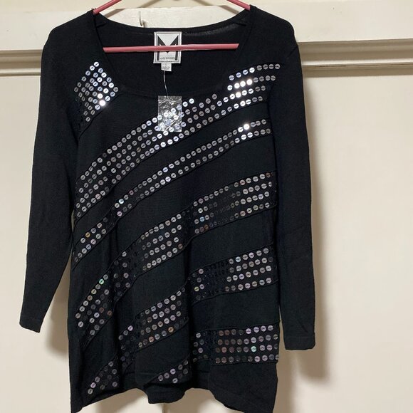 NWT - Marc Bouwer long sleeve, black sweater w/silver sequins, size L - Picture 1 of 10